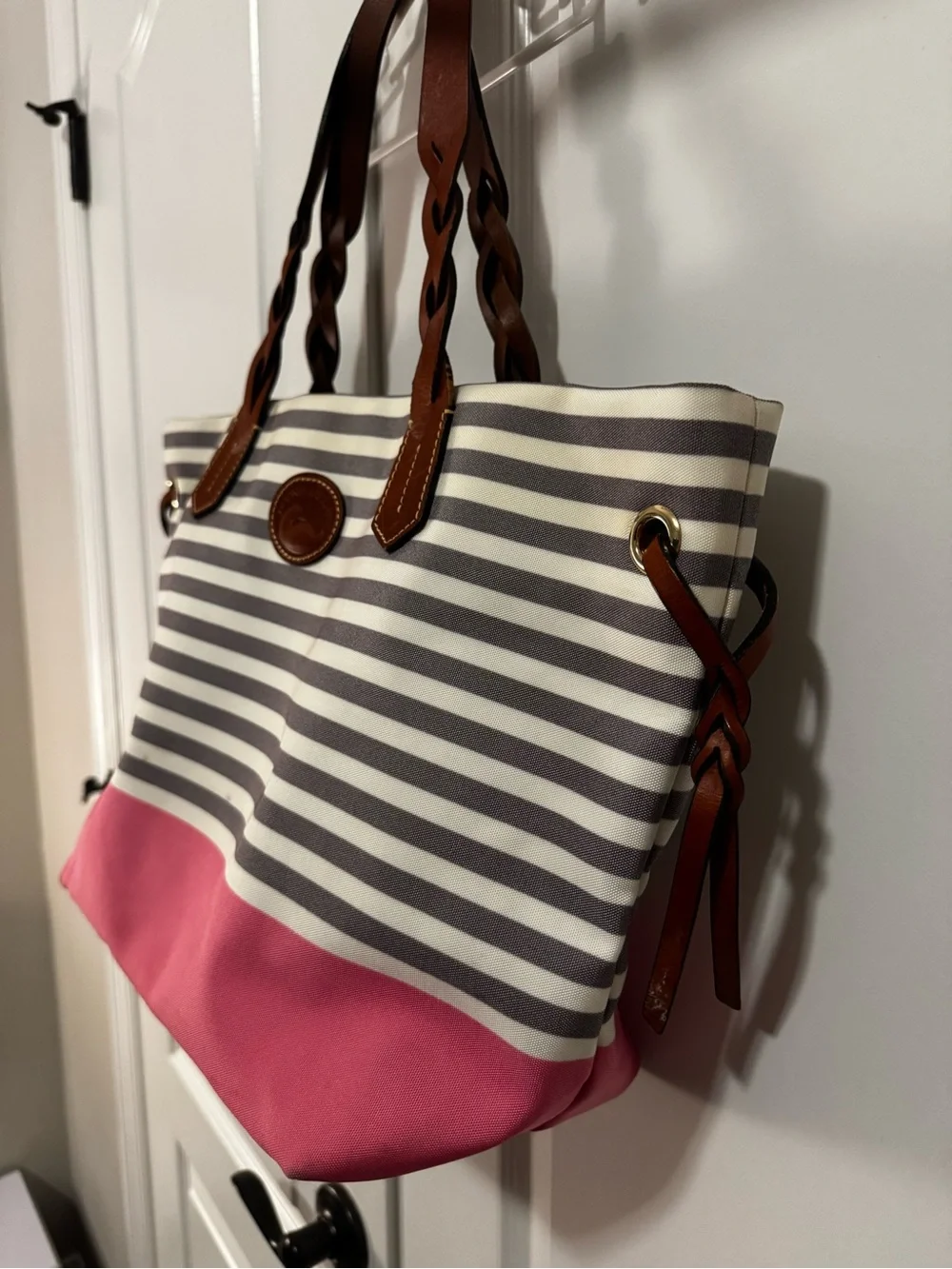 Dooney & Bourke Striped Canvas Tote with Pink Accent and Brown Leather Handles